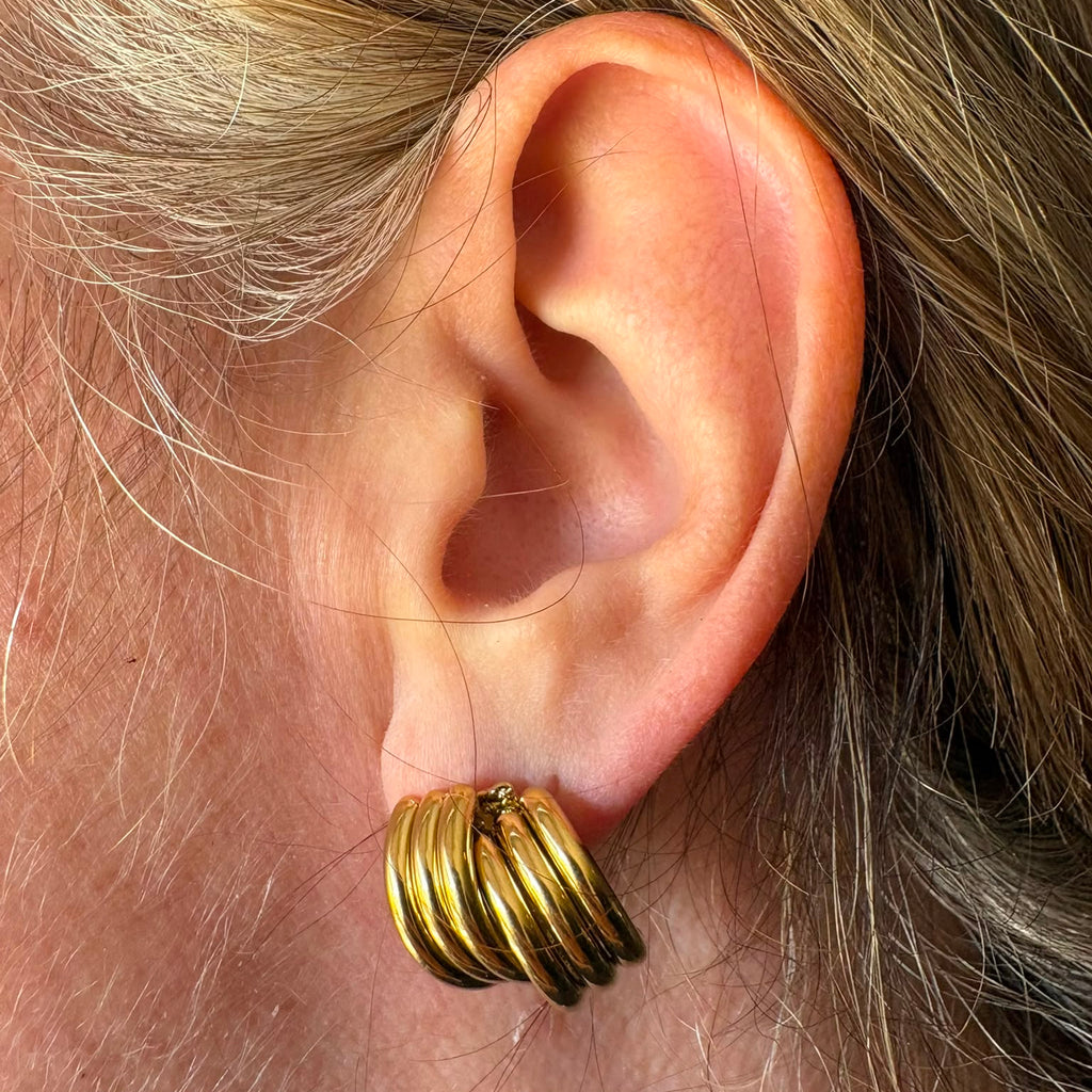 Een oor waarin Double Hoop te zien is. Een oorsteker met een dubbele hoops die samenkomen. 